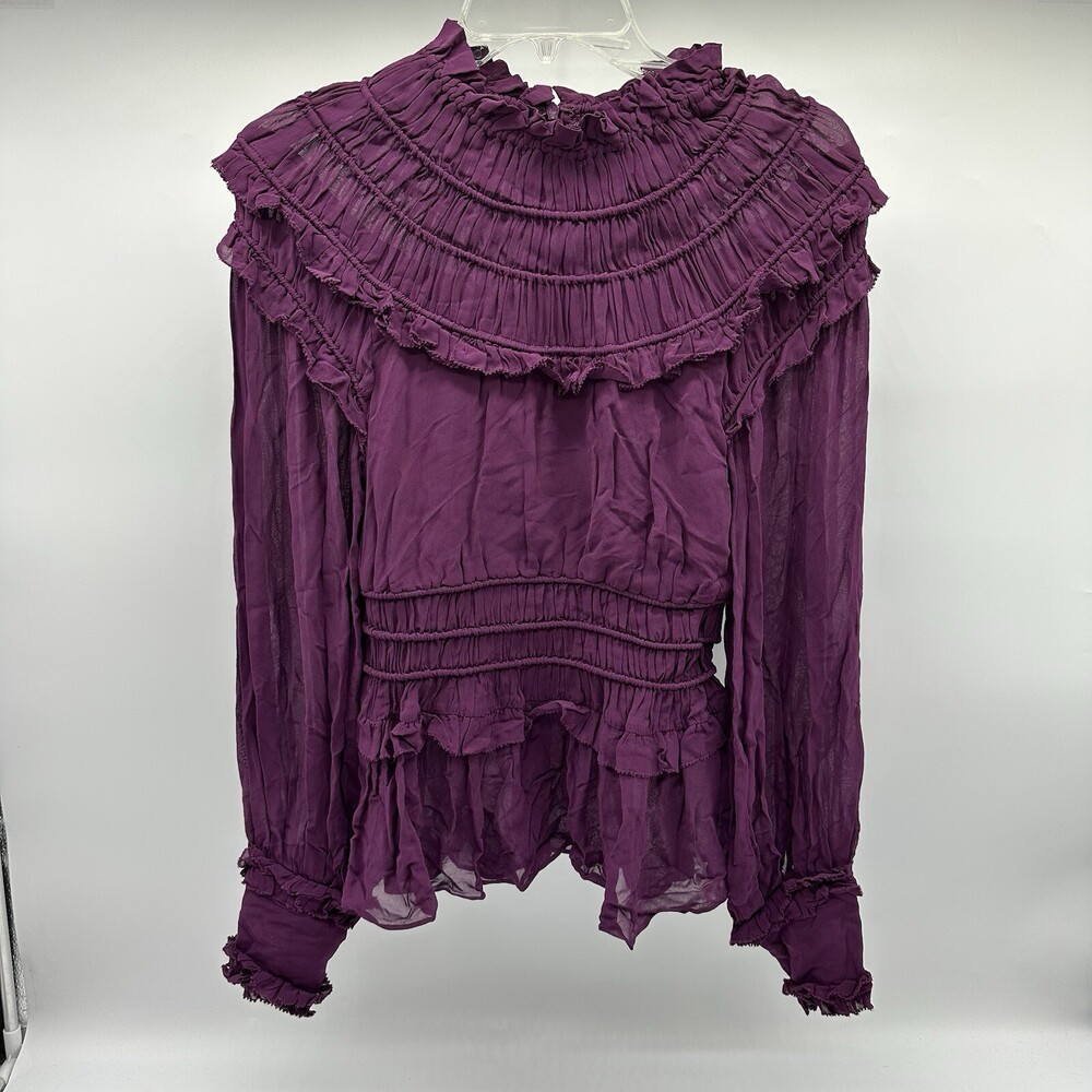 Farm Rio Size XXS Purple Smocked Long Sleeve Mock Neck Ruffled Peplum Top NWOT - Picture 2 of 13